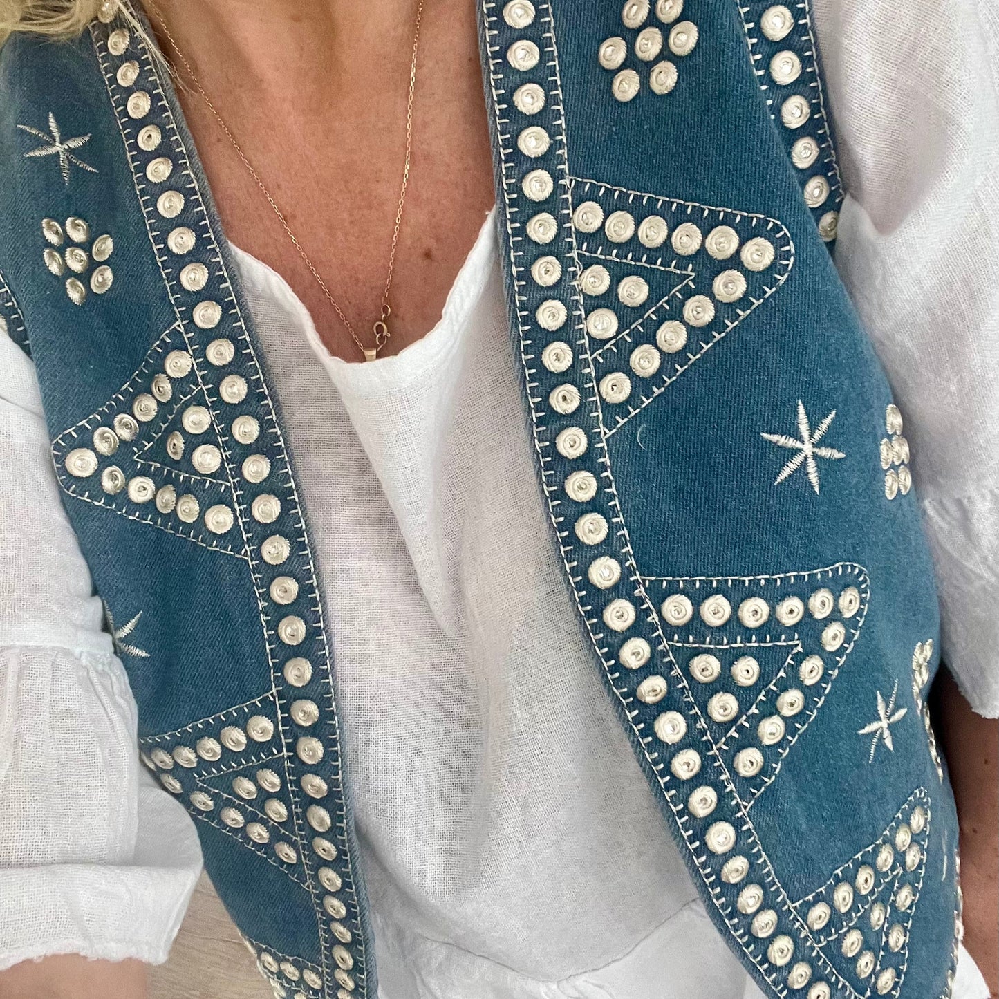 Embroidered Denim Waist Coat