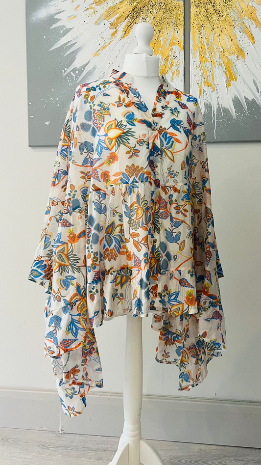 Oversized Floral Shirt - Orange & Blue